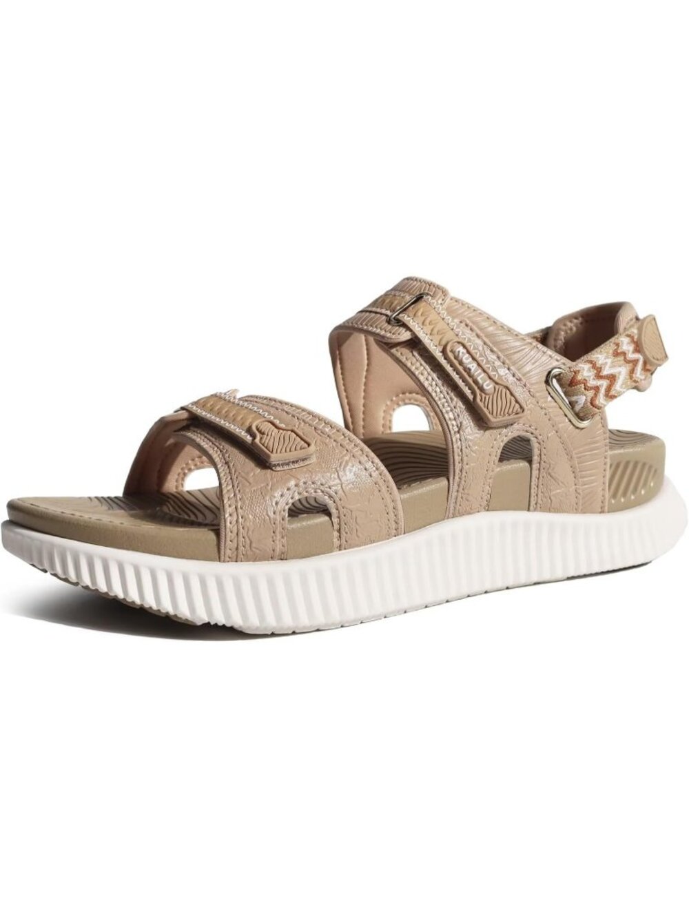 Women's Beige White Arch Support Adjustable Strap Slides Cushioned Casual Sandal